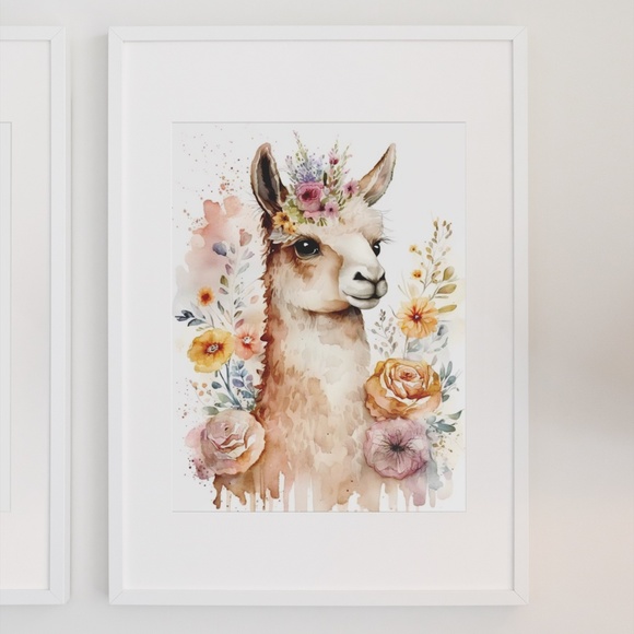 Watercolor Cute Floral Llama Wall Art Illustration Print Poster Card Unframed - Picture 3 of 6